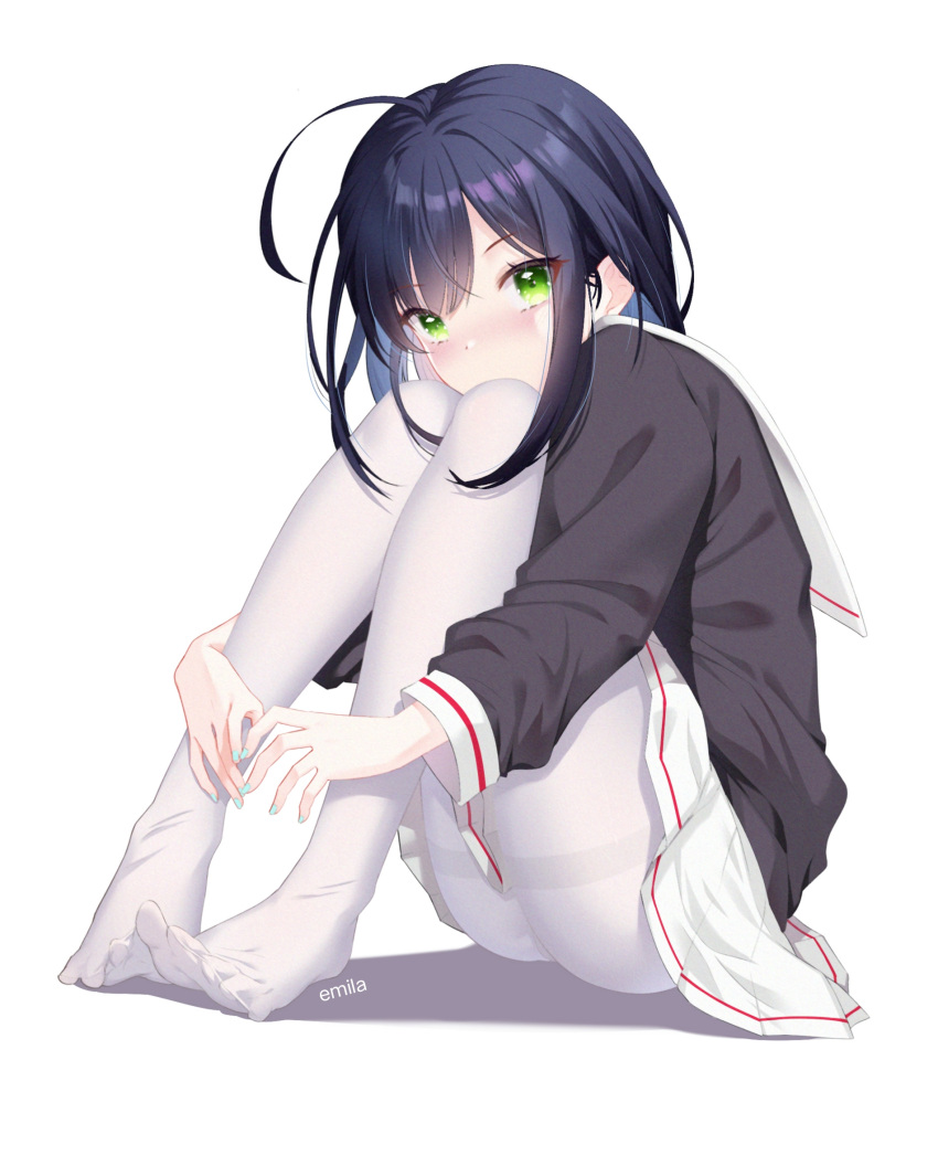 1girl ahoge artist_name black_hair black_shirt covered_mouth emila_a1 feet green_eyes highres knees_on_chest knees_up legs looking_at_viewer nail_polish original own_hands_together pantyhose school_uniform see-through serafuku shirt short_hair simple_background sitting skirt solo thighband_pantyhose thighs toes white_background white_legwear white_skirt