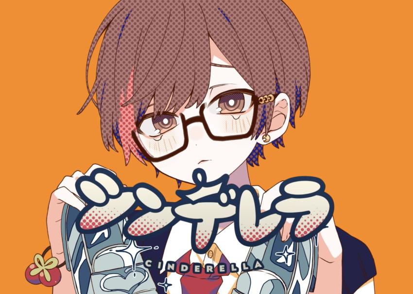 1boy amatsuki_(nico_nico_douga) bangs brown_eyes brown_hair cinderella_(vocaloid) commentary_request glasses highres holding holding_shoes looking_at_viewer loose_necktie necktie niconico official_art orange_background red_necktie second-party_source shiroko shirt shoes short_hair simple_background solo song_name tears white_shirt wing_collar