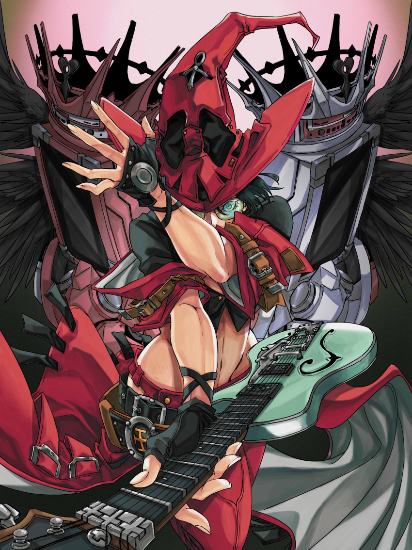 1girl absurdres angel_wings black_hair breasts cleavage dong_hole electric_guitar fingerless_gloves gloves guilty_gear guilty_gear_strive guitar hat highres i-no instrument jacket navel red_headwear red_jacket short_hair showgirl_skirt sunglasses tinted_eyewear wings witch_hat