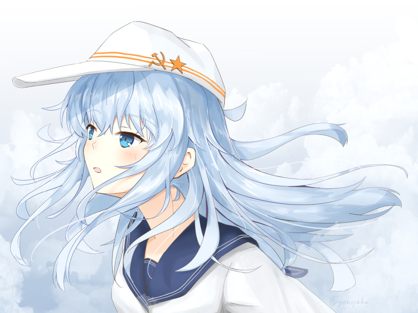 1girl black_sailor_collar blue_eyes commentary flat_cap genjaku hammer_and_sickle hat hibiki_(kancolle) kantai_collection long_hair looking_to_the_side sailor_collar school_uniform serafuku silver_hair solo upper_body verniy_(kancolle) white_background white_headwear