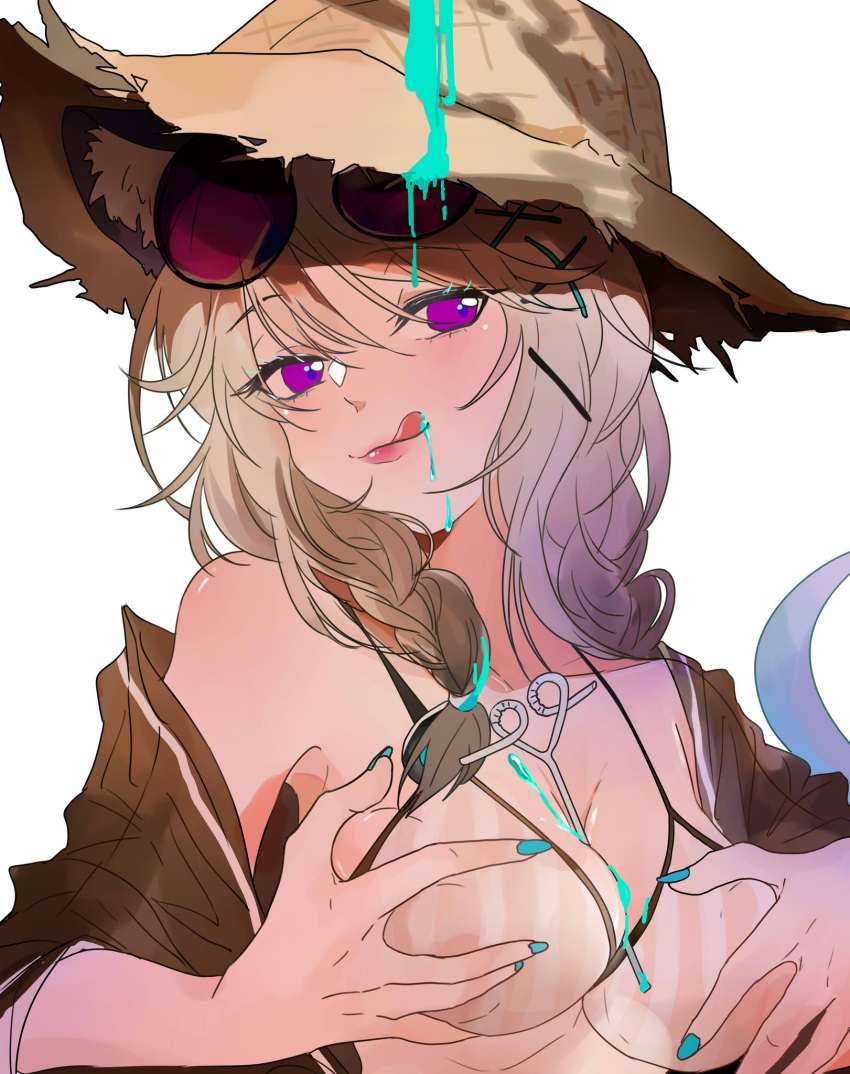 1girl :p animal_ear_fluff animal_ears arknights bare_shoulders between_breasts bikini black_shirt blue_nails breast_hold breasts closed_mouth crazy_straw drinking_straw eyewear_on_head fang grey_bikini hair_over_shoulder hat heart_straw highres latutou1 light_brown_hair liquid long_hair medium_breasts nail_polish off_shoulder official_alternate_costume open_clothes open_shirt outdoors parted_lips purple_eyes shirt smile solo stomach straw_hat striped striped_bikini sunglasses swimsuit symbol-only_commentary tail tongue tongue_out upper_body utage_(arknights) utage_(summer_flowers)_(arknights)