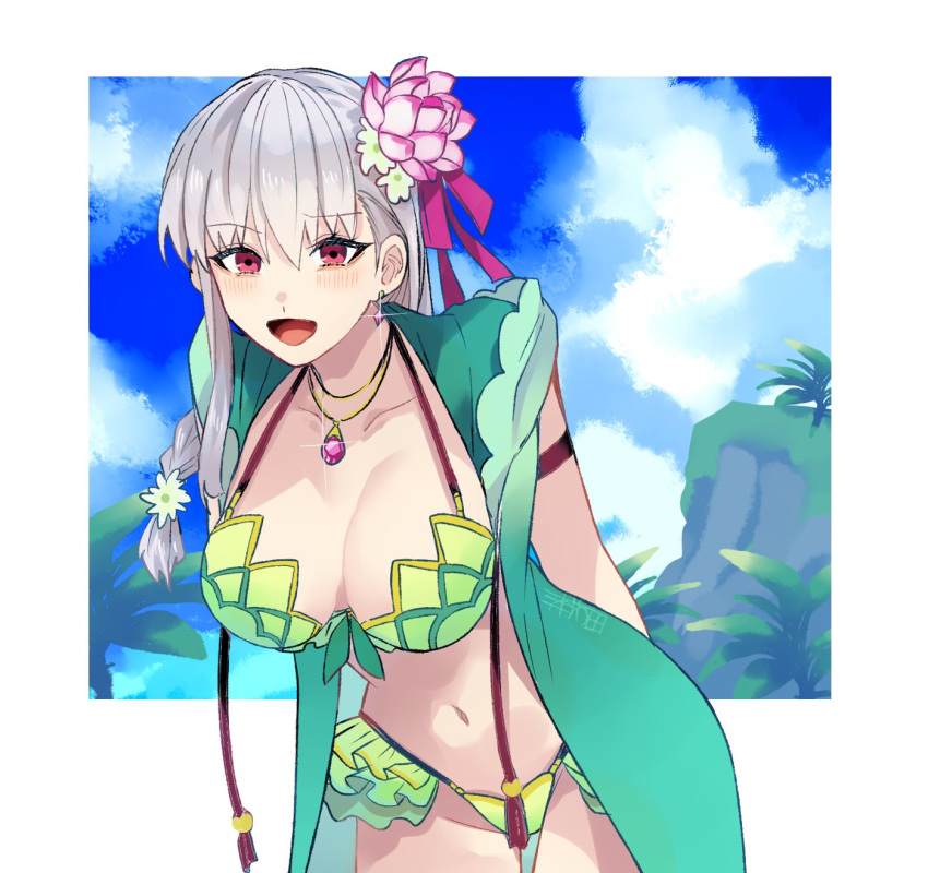 1girl armlet arms_behind_back bangs bikini blue_sky blush braid braided_ponytail breasts cleavage cloud commentary_request day eyebrows_visible_through_hair fate/grand_order fate_(series) flower frills green_bikini green_flower green_swimsuit green_vest grey_hair hair_between_eyes hair_flower hair_ornament hair_ribbon highres jewelry kama_(fate) kama_(swimsuit_avenger)_(fate) large_breasts long_hair looking_at_viewer navel open_mouth palm_tree pendant pink_flower pink_ribbon plant red_eyes ribbon signature sky solo swimsuit tree u_5ham0 vest