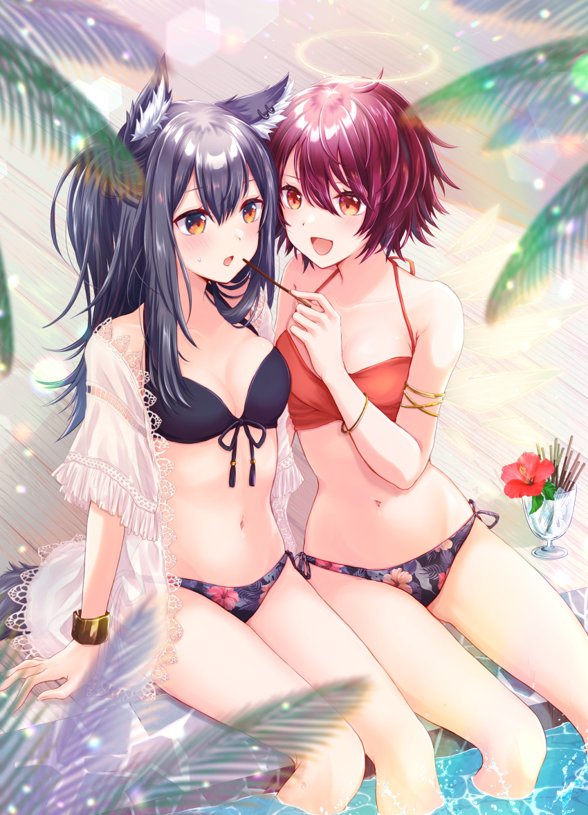 2girls absurdres angel animal_ear_fluff animal_ears arknights bikini black_bikini black_hair blush bow bow_bikini bracelet chiwa_(chiwawanwan1206) commentary_request detached_wings ear_piercing exusiai_(arknights) eyebrows_visible_through_hair food hair_between_eyes halo highres jewelry long_hair multiple_girls orange_eyes piercing pocky poolside red_bikini red_hair short_hair side-tie_bikini sweatdrop swimsuit tail texas_(arknights) wings wolf_ears wolf_girl wolf_tail yellow_eyes yuri