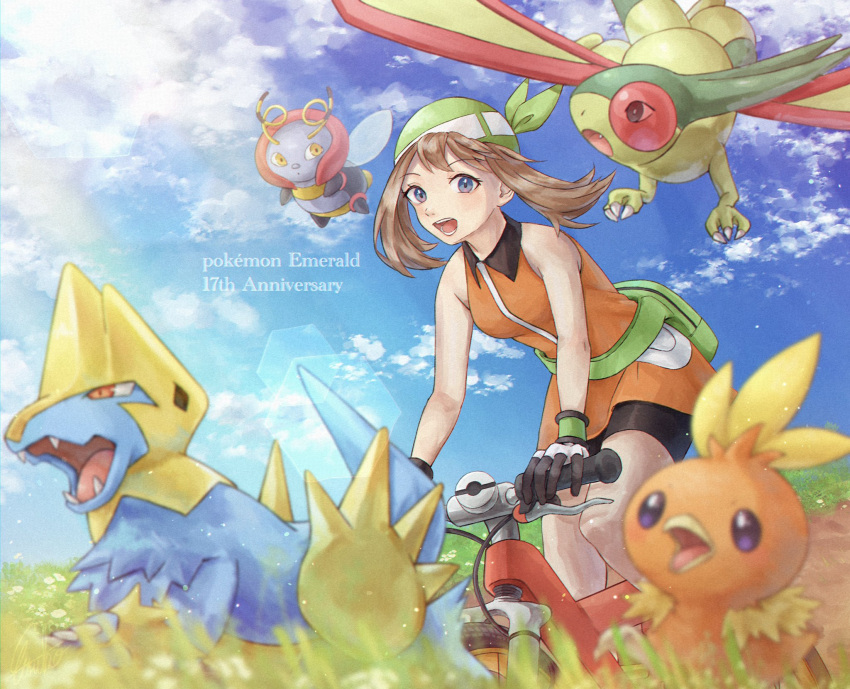 1girl bike_shorts blush brown_hair cloud commentary_request day dress etsuko_pkmn eyelashes flygon gloves green_bandana grey_eyes highres holding lens_flare manectric may_(pokemon) medium_hair open_mouth orange_dress outdoors pokemon pokemon_(creature) pokemon_(game) pokemon_emerald pokemon_rse riding_bicycle sky sleeveless sleeveless_dress teeth tongue torchic volbeat