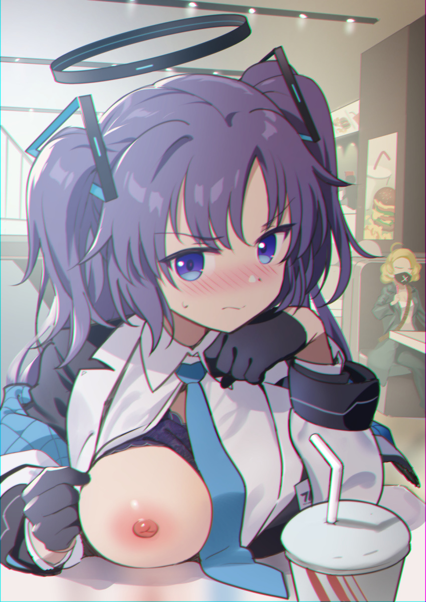 1girl andou_shuki black_gloves blue_archive blue_eyes blue_necktie blush bra breasts cup drinking_straw exhibitionism eyebrows_visible_through_hair flashing gloves hair_ornament halo highres jacket large_breasts long_hair looking_at_viewer necktie nipples off_shoulder one_breast_out oppai_challenge public_nudity purple_bra purple_hair shirt solo_focus twintails underwear v-shaped_eyebrows white_jacket white_shirt yuuka_(blue_archive)