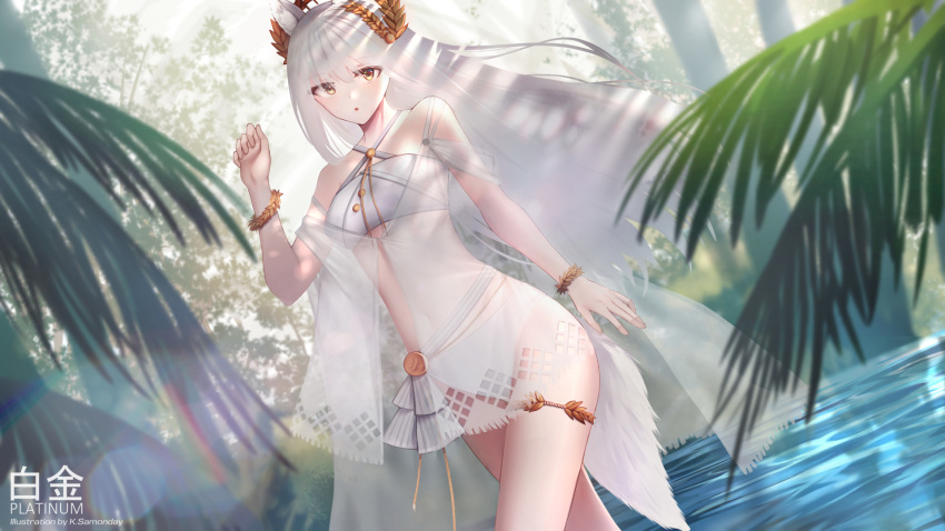 1girl :o animal_ears arknights artist_name bikini bracelet character_name commentary criss-cross_halter dutch_angle eyebrows_visible_through_hair flat_chest halterneck hand_up highres horse_ears horse_girl horse_tail jewelry ksartworks laurel_crown long_hair looking_at_viewer official_alternate_costume palm_leaf platinum_(arknights) platinum_(shimmering_dew)_(arknights) solo standing swimsuit swimsuit_cover-up tail thigh_strap very_long_hair wading white_bikini white_hair yellow_eyes