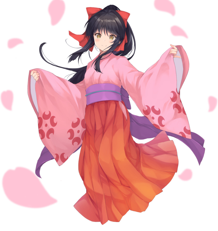 1girl bangs black_hair blush bow brown_eyes closed_mouth commentary_request eyebrows_visible_through_hair full_body hair_bow hakama hakama_skirt highres japanese_clothes kimono kurai_masaru long_hair long_sleeves looking_at_viewer obi petals pinching_sleeves pink_kimono ponytail red_bow red_hakama sakura_taisen sash shinguuji_sakura skirt sleeves_past_wrists smile solo very_long_hair white_background