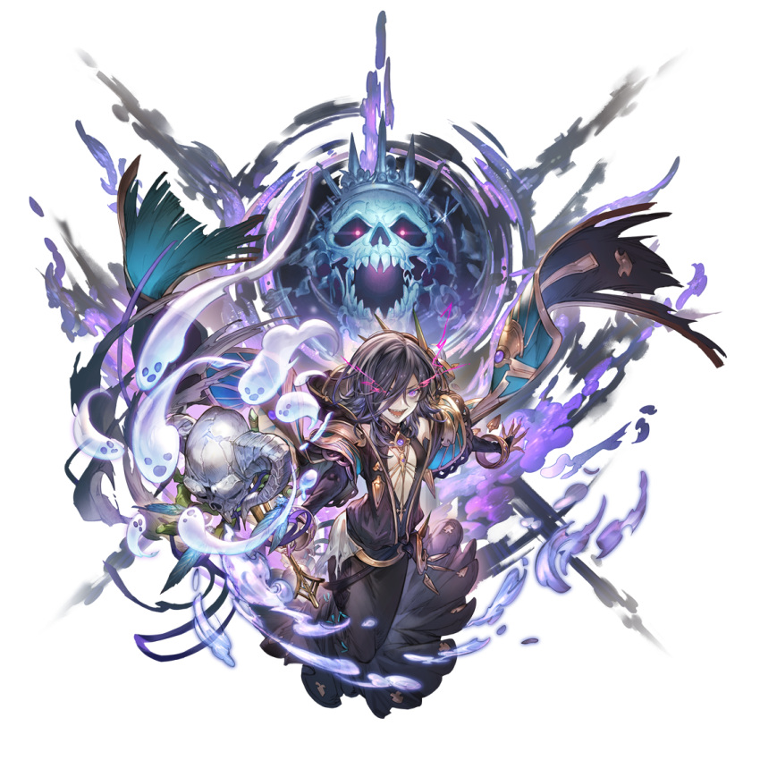 1girl black_dress black_hair bracelet breasts cloud crown dress energy eye_trail fingernails ghost glowing glowing_eyes granblue_fantasy grin hair_over_one_eye holding holding_staff jewelry lich_(granblue_fantasy) light_trail looking_at_viewer official_art open_mouth pendant purple_eyes sharp_fingernails sharp_teeth simple_background skull small_breasts smile spirits staff teeth transparent_background