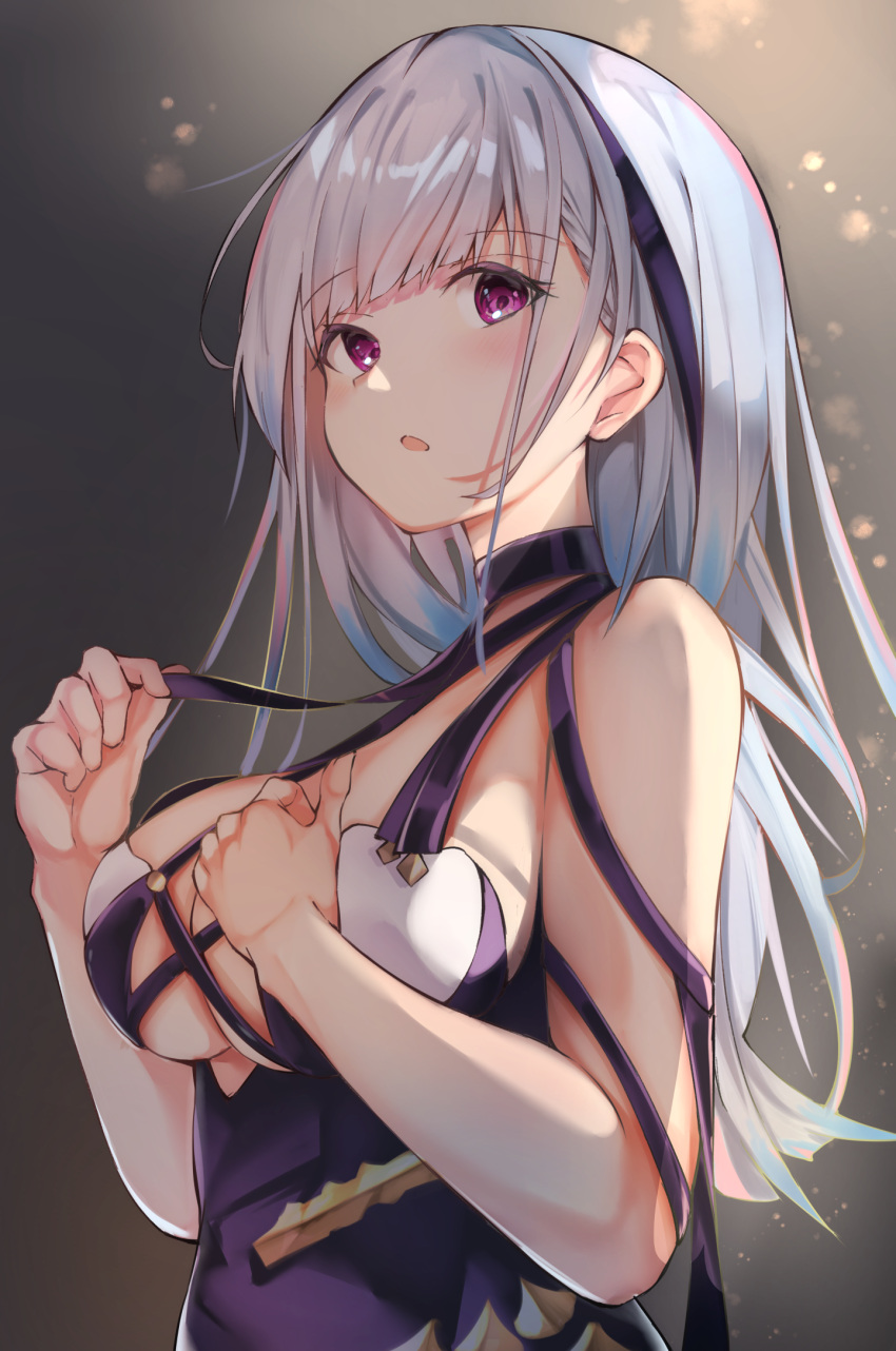 1girl azur_lane breasts cleavage commentary dido_(anxious_bisque_doll)_(azur_lane) dido_(azur_lane) dress eyebrows_visible_through_hair hairband halter_dress halterneck highres long_hair medium_breasts official_alternate_costume purple_dress purple_eyes purple_hairband purple_headband runep solo upper_body