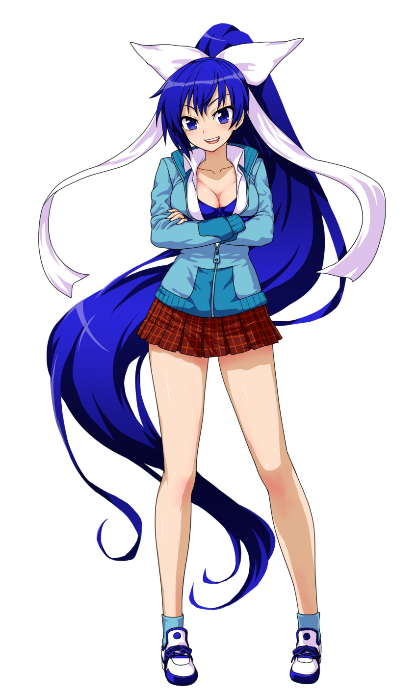 1girl :d absurdly_long_hair blue_hair blue_jacket blue_legwear blush bow breasts cleavage crossed_arms full_body highres itou_yuuji jacket large_breasts long_hair long_sleeves looking_at_viewer miniskirt open_mouth pigeon-toed plaid plaid_skirt pleated_skirt ponytail purple_eyes quiz_magic_academy red_skirt shoes simple_background skirt smile socks solo standing very_long_hair white_background white_bow yuri_(quiz_magic_academy)