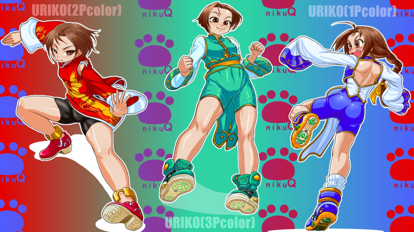 1girl ass bike_shorts bloody_roar blue_flower blush boro braid braided_ponytail brown_eyes brown_hair character_name clenched_hands fang fighting_stance flower full_body green_footwear highres long_hair long_sleeves low-tied_long_hair multiple_views nonomura_uriko open_mouth outline pelvic_curtain photoshop_(medium) red_footwear shoes short_hair sleeves_past_wrists smile sneakers white_outline