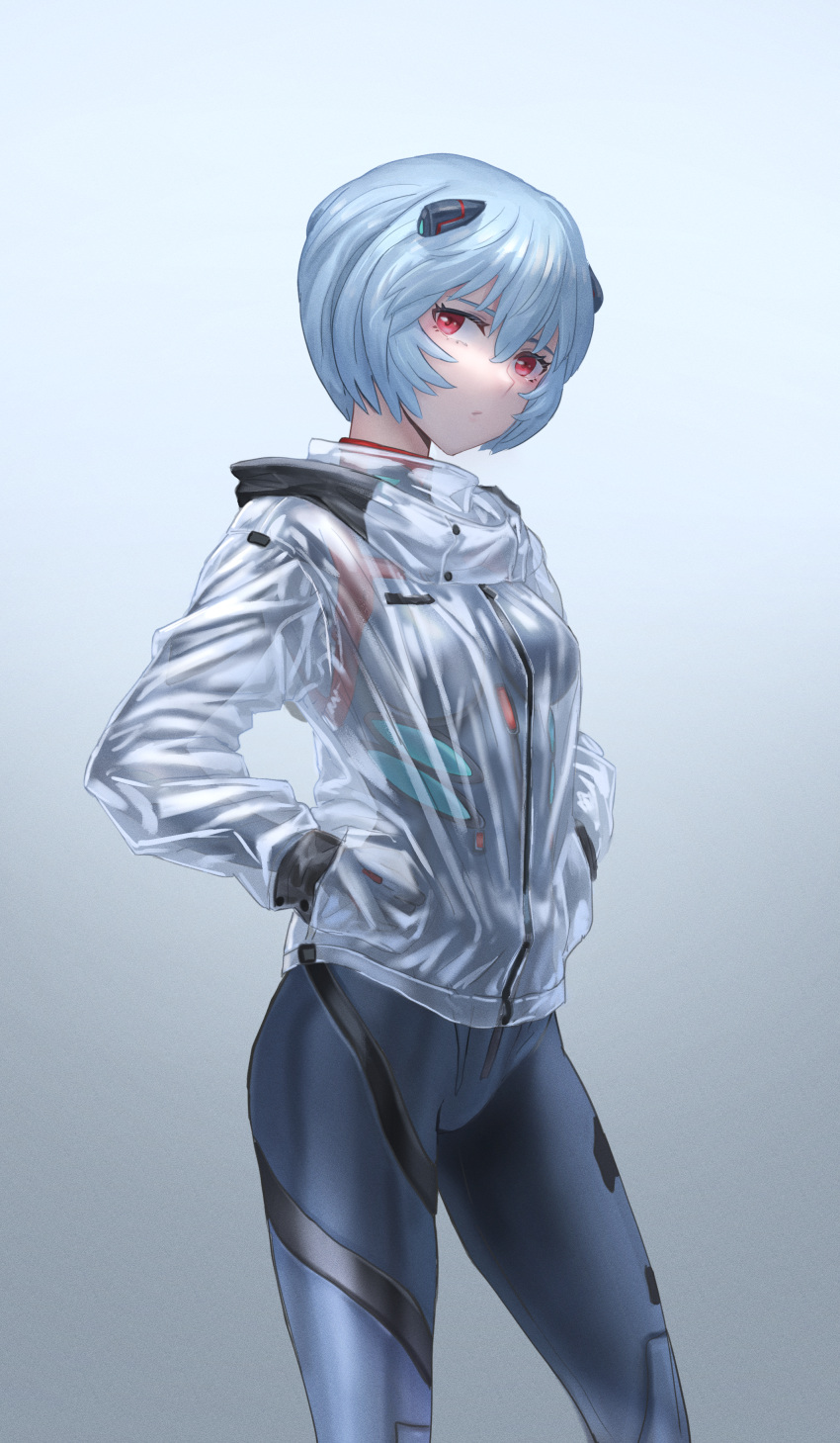 1girl absurdres ayanami_rei bangs black_bodysuit blue_hair bodysuit bodysuit_under_clothes breasts bryanth closed_mouth evangelion:_3.0+1.0_thrice_upon_a_time feet_out_of_frame gradient gradient_background grey_background hair_ornament hands_in_pockets highres hood hood_down long_sleeves looking_at_viewer neon_genesis_evangelion plugsuit raincoat rebuild_of_evangelion red_eyes short_hair small_breasts solo standing transparent_raincoat