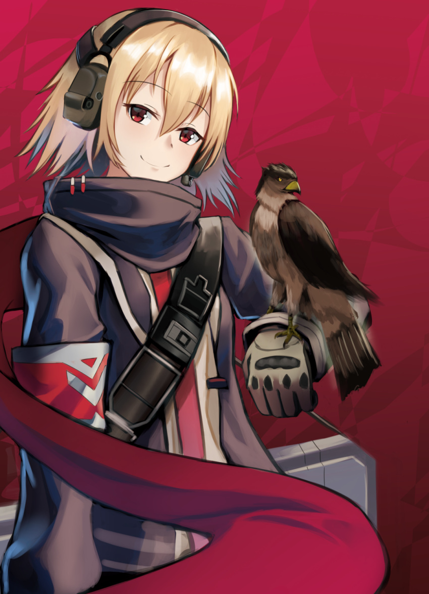 1girl bird bird_on_hand blonde_hair closed_mouth eyebrows_visible_through_hair feet_out_of_frame girls'_frontline headphones highres jacket lodbyy looking_at_viewer medium_hair purple_jacket red_background red_eyes red_scarf scarf scw_(girls'_frontline) smile solo standing weapon_case