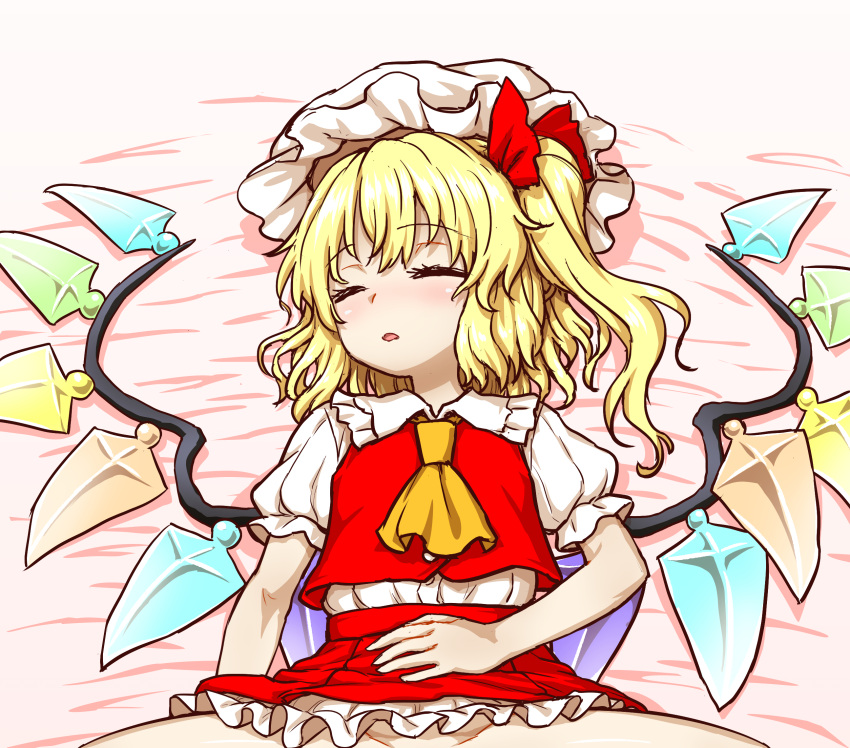 1girl blonde_hair bow closed_eyes flandre_scarlet hair_bow hat highres implied_sex itou_yuuji lying medium_hair miniskirt no_panties on_back on_bed one_side_up parted_lips pillow_hat puffy_short_sleeves puffy_sleeves red_bow red_skirt red_vest shirt short_sleeves skirt sleep_molestation sleeping solo spread_legs touhou vest white_headwear white_shirt wings