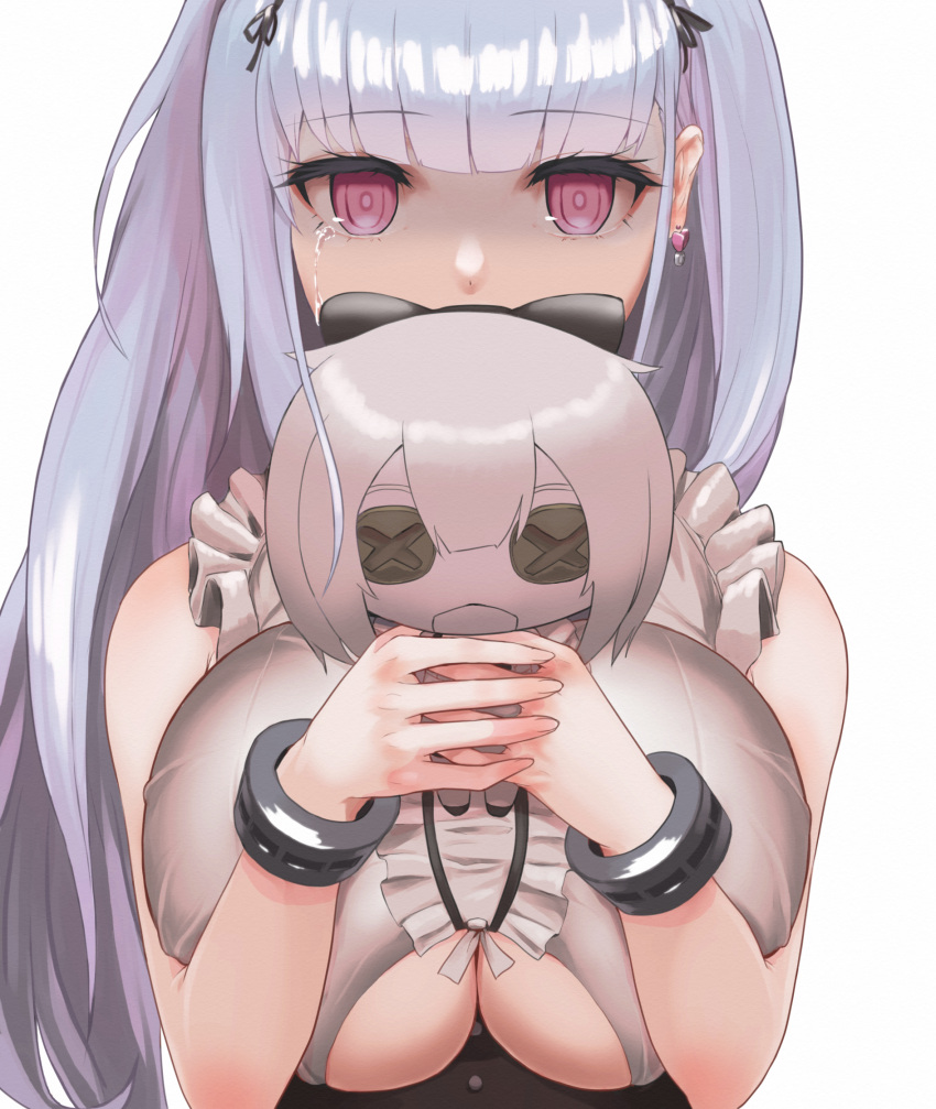 1girl a_(yyyaa) azur_lane bangs blunt_bangs breasts clothing_cutout commentary_request covered_mouth crying crying_with_eyes_open dido_(azur_lane) doll earrings empty_eyes eyebrows_visible_through_hair frilled_shirt frills highres holding holding_doll jewelry large_breasts long_hair pink_eyes shaded_face shirt silver_hair simple_background sirius_(azur_lane) sleeveless solo tears underboob underboob_cutout upper_body white_background wrist_cuffs
