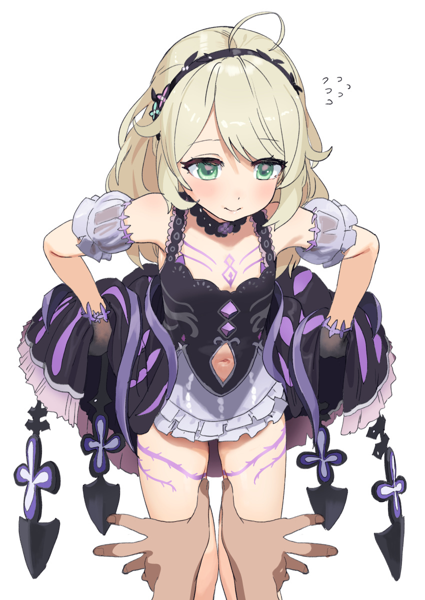 1boy 1girl absurdres ahoge bare_shoulders black_dress black_gloves blonde_hair bodypaint clothes_lift clothing_cutout detached_sleeves dorontabi dress dress_lift feet_out_of_frame flat_chest flying_sweatdrops gloves hairband highres idolmaster idolmaster_cinderella_girls lifted_by_self light_smile looking_down navel_cutout pov pov_hands sleeveless sleeveless_dress spreading yusa_kozue