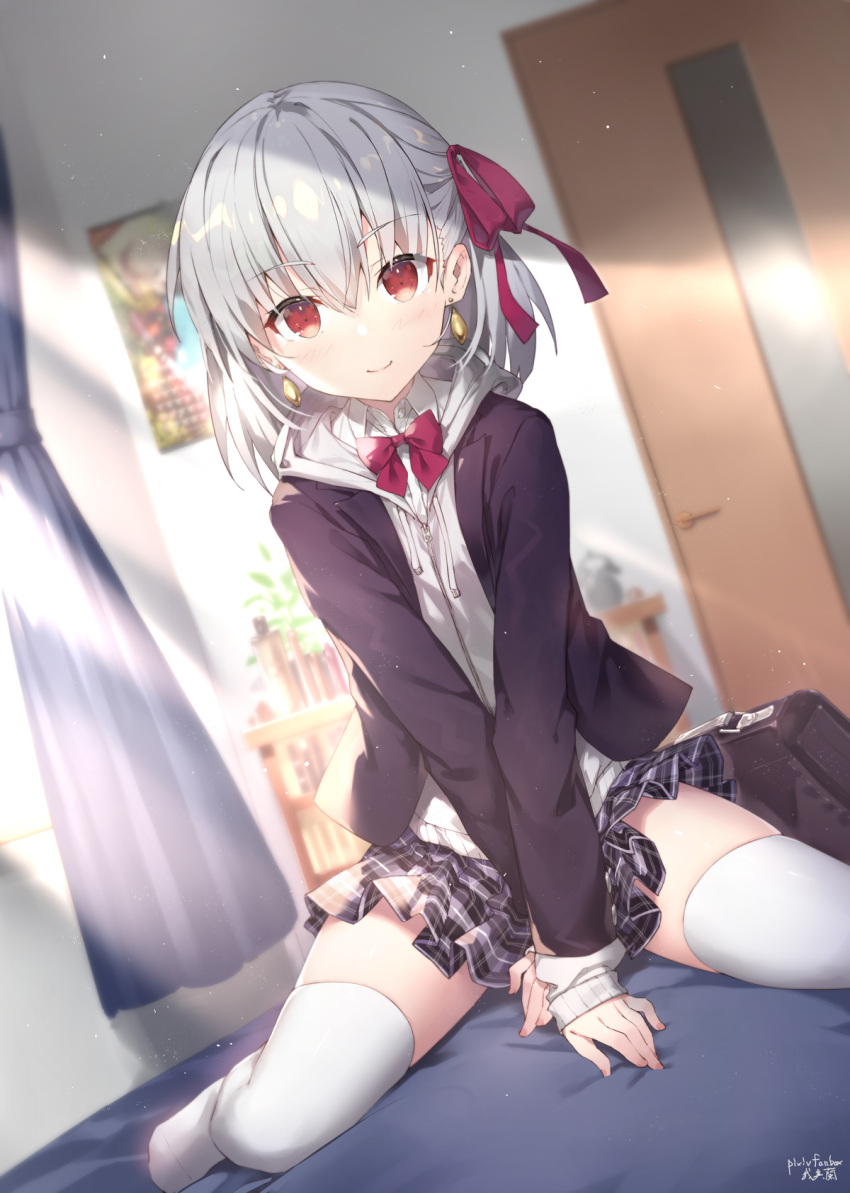 1girl arm_support bag bangs between_legs black_bag black_jacket blazer blush bow breasts closed_mouth collared_shirt commentary_request contemporary door earrings eyebrows_visible_through_hair fate/grand_order fate_(series) gabiran hair_between_eyes hair_bow hair_ribbon hand_between_legs highres indoors jacket jewelry kama_(fate) long_sleeves looking_at_viewer medium_hair no_shoes open_clothes open_jacket pink_ribbon plaid plaid_skirt red_eyes ribbon school_briefcase school_uniform shirt silver_hair sitting skirt smile solo thighhighs wariza white_legwear white_shirt