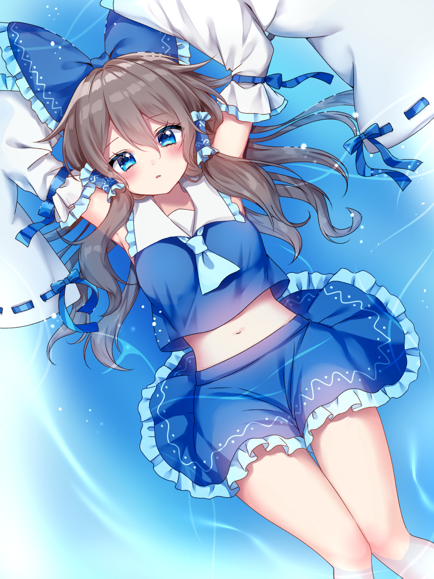 1girl absurdres afloat alternate_color armpits arms_up ascot bangs blue_ascot blue_bow blue_eyes blue_shirt blue_skirt blush bow breasts brown_hair collared_shirt commentary crop_top detached_sleeves eyebrows_visible_through_hair eyes_visible_through_hair feet_out_of_frame hair_between_eyes hair_bow hair_tubes hakurei_reimu highres long_sleeves looking_at_viewer looking_up lying medium_breasts medium_hair midriff miniskirt navel open_mouth parted_lips partially_submerged player_2 ribbon-trimmed_sleeves ribbon_trim shinonome_asu shirt skirt solo touhou water wide_sleeves