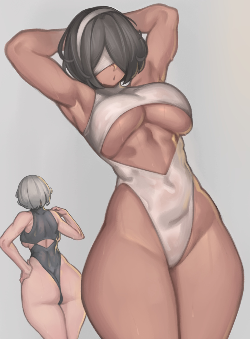 2girls absurdres alternate_breast_size armpits arms_behind_head ass back-to-back back_cutout backboob black_hair black_leotard blindfold breasts center_opening clothing_cutout covered_eyes curvy dark-skinned_female dark_skin dual_persona final_fantasy final_fantasy_xiv grey_background grey_hair grey_hairband grey_leotard hair_over_one_eye hairband hand_on_hip highres kelvin_hiu large_breasts leotard multiple_girls nier_(series) nier_automata palette_swap revealing_clothes short_hair solo_focus soulcalibur soulcalibur_vi standing sweat thick_thighs thighs thong_leotard underboob yorha_no._2_type_b yorha_type_p_no._2