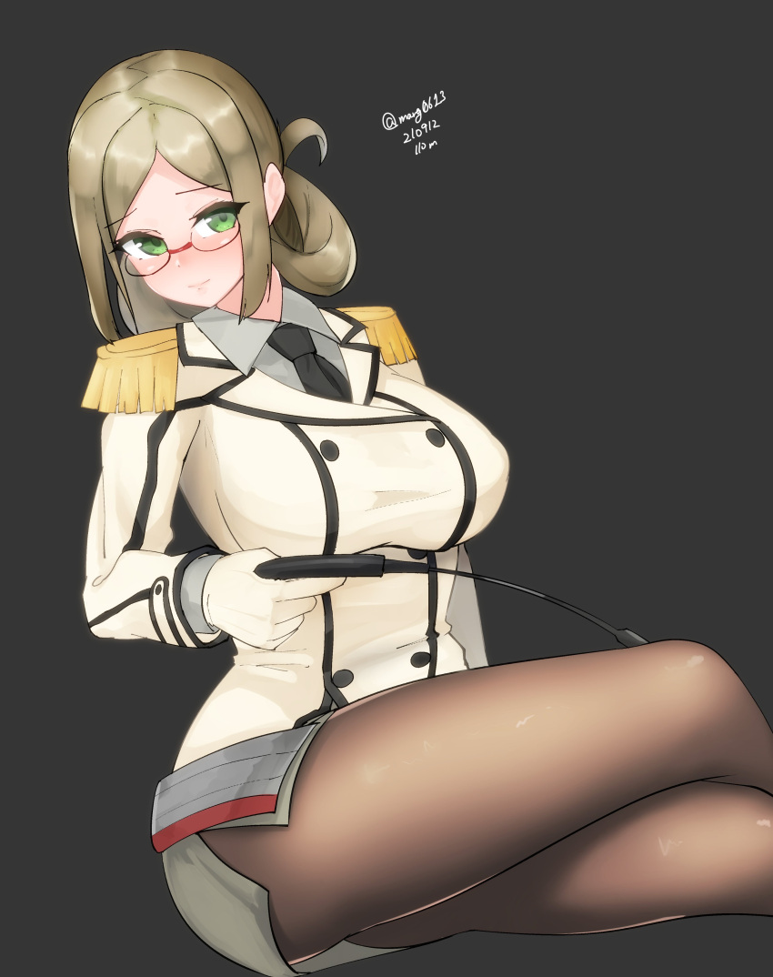 1girl absurdres bangs beige_jacket black_necktie breasts brown_hair brown_legwear buttons collared_shirt cowboy_shot dated double-breasted epaulettes folded_ponytail glasses gloves green_eyes grey_background grey_skirt highres invisible_chair kantai_collection katori_(kancolle) large_breasts long_hair maru_(marg0613) military military_uniform necktie one-hour_drawing_challenge pantyhose parted_bangs pencil_skirt riding_crop rimless_eyewear shirt simple_background sitting skirt solo twitter_username uniform white_gloves