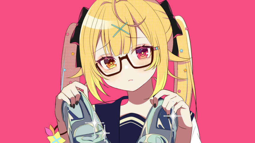 1girl bangs black_nails blonde_hair cinderella_(vocaloid) commentary_request eyebrows_visible_through_hair fingernails glasses heterochromia highres holding holding_shoes hoshikawa_sara kakyoxx looking_at_viewer nail_polish nijisanji official_art pink_background pink_eyes sailor_collar shoes simple_background solo star_(symbol) star_in_eye symbol_in_eye twintails virtual_youtuber yellow_eyes
