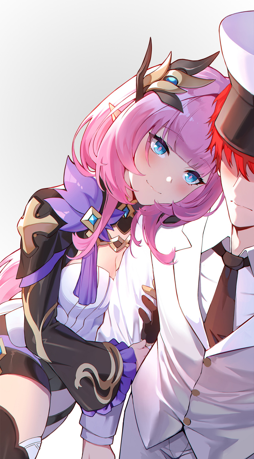 1boy 1girl bangs blue_eyes blunt_bangs blush boots breasts business_suit captain_(honkai_impact) cleavage closed_mouth couple elysia_(honkai_impact) fool_xiaotian formal gloves hair_ornament hat head_on_another's_shoulder hetero highres honkai_(series) honkai_impact_3rd hug leaning_on_person leaning_to_the_side long_hair looking_at_another medium_breasts necktie peaked_cap pink_hair pink_pupils pointy_ears red_hair side-by-side single_glove smile suit thigh_boots thighhighs very_long_hair white_suit