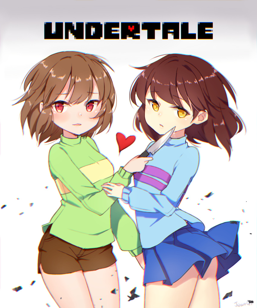 2girls ass bad_id bad_pixiv_id bangs blonde_hair blue_shirt blue_skirt bob_cut brown_hair brown_shorts chara_(undertale) closed_mouth frisk_(undertale) genderswap genderswap_(otf) goyain gradient gradient_background green_shirt heart highres holding holding_hands holding_knife holding_weapon knife looking_at_viewer multiple_girls red_eyes shirt short_hair shorts simple_background skirt striped striped_shirt undertale weapon white_background yellow_eyes