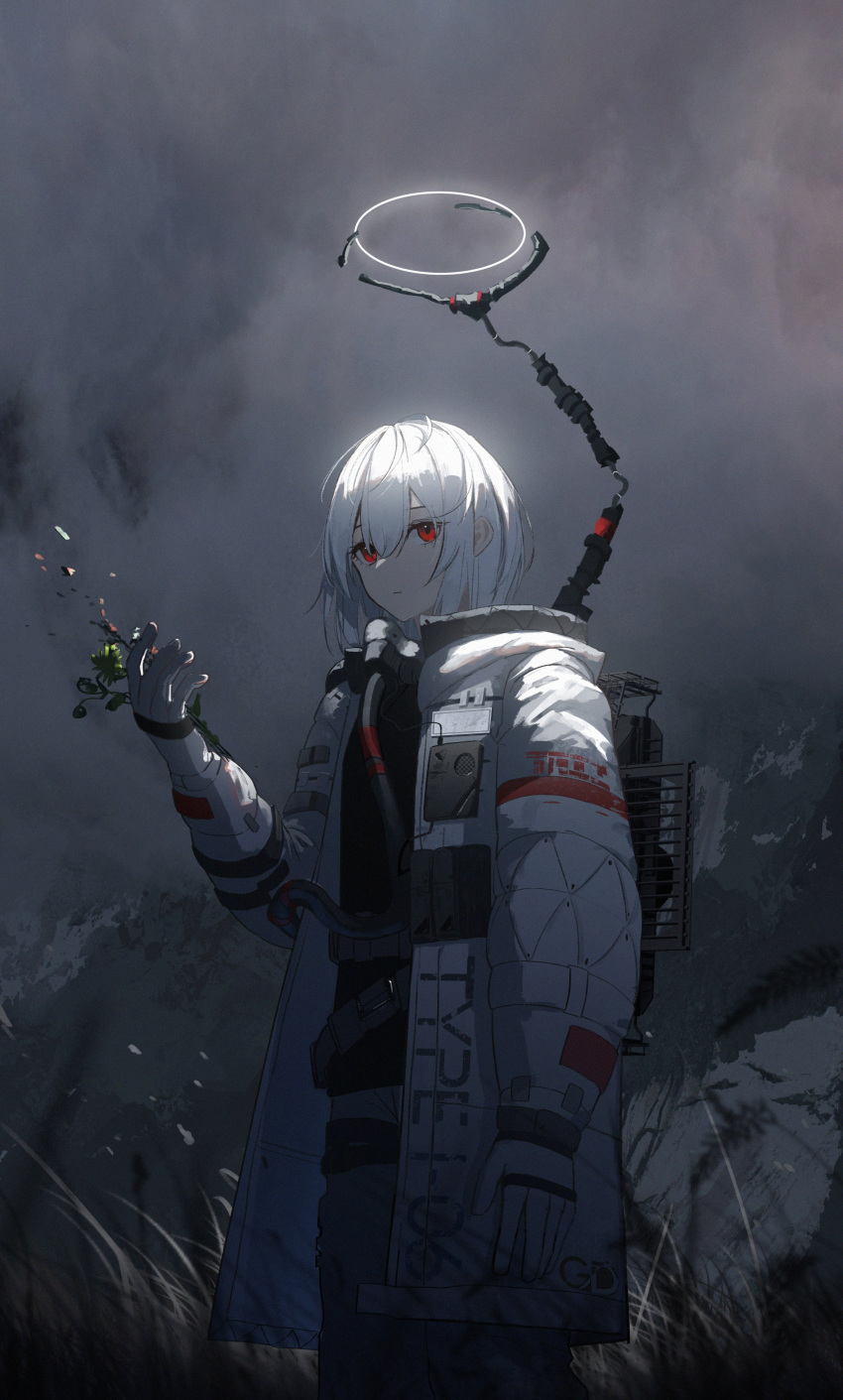 1girl absurdres asteroid_ill bangs cloud cloudy_sky coat dark feet_out_of_frame flower gloves halo highres holding holding_flower light observer_(asteroid_ill) open_clothes open_coat original red_eyes sky solo standing white_coat white_gloves white_hair wilted_flower wind