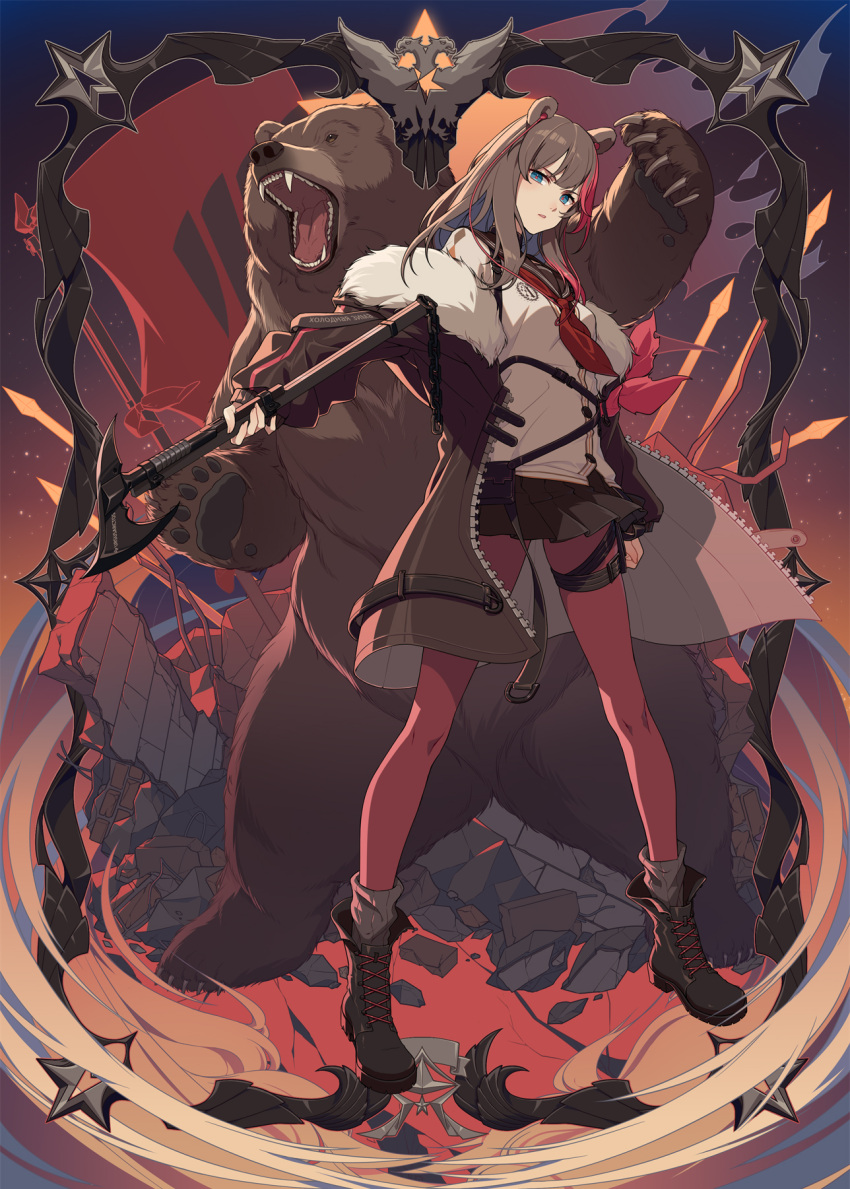 1girl animal_ears arknights armband axe bear bear_ears black_footwear black_skirt blue_eyes boots border breasts brown_coat brown_hair cai_mu_you chinese_commentary coat cross-laced_footwear earbuds earphones full_body fur-trimmed_coat fur_trim gradient gradient_background grey_legwear highres holding holding_axe looking_at_viewer medium_breasts medium_hair miniskirt multicolored_hair off_shoulder open_clothes open_coat orange_background pantyhose parted_lips pleated_skirt purple_background red_hair red_legwear red_neckwear red_pupils ribbed_legwear rubble sailor_collar school_uniform serafuku shirt skirt socks socks_over_pantyhose solo standing strap streaked_hair two-tone_hair unzipped white_shirt zima_(arknights)