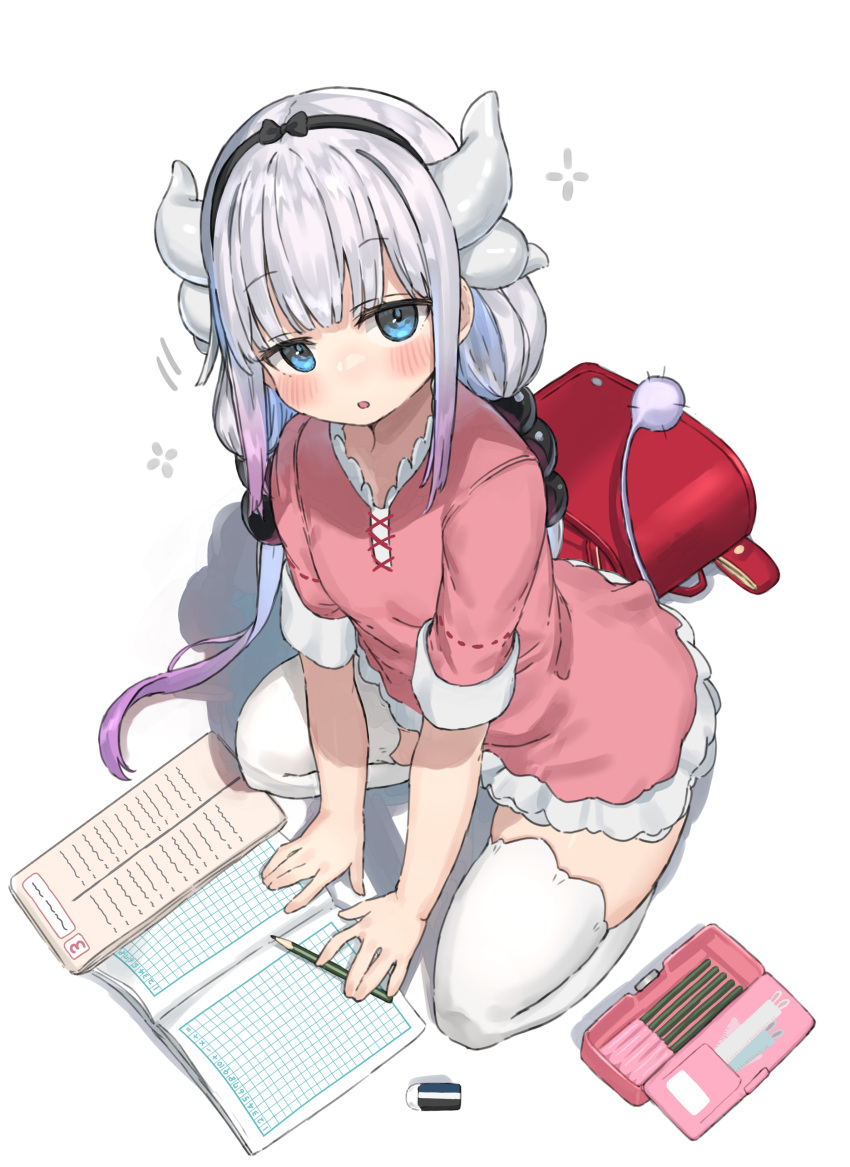 1girl absurdres backpack bag bangs beads black_hairband blue_eyes blunt_bangs blush dragon_girl dragon_horns dragon_tail dress eyebrows_visible_through_hair hair_beads hair_ornament hairband highres horns kanna_kamui kobayashi-san_chi_no_maidragon light_purple_hair long_hair looking_at_viewer low_twintails multicolored_hair open_mouth randoseru ranf silver_hair sitting solo tail thighhighs twintails white_legwear zettai_ryouiki