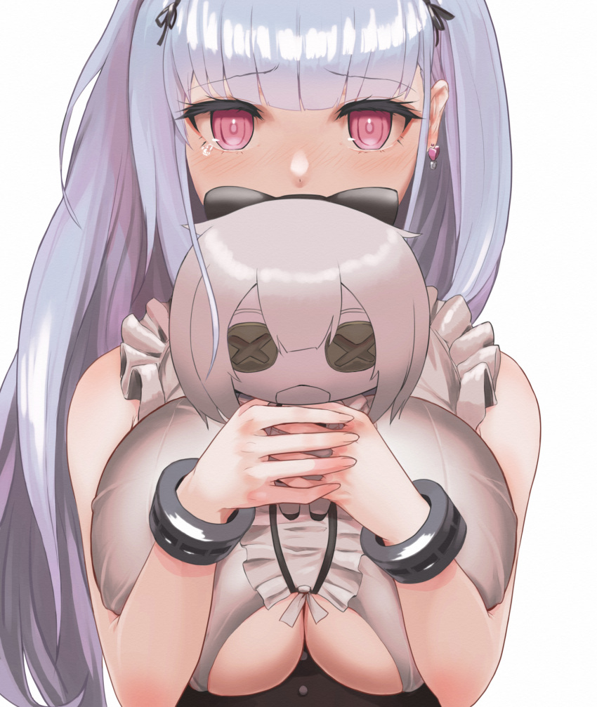 1girl a_(yyyaa) azur_lane bangs blunt_bangs breasts clothing_cutout commentary_request covered_mouth dido_(azur_lane) doll earrings eyebrows_visible_through_hair frilled_shirt frills highres holding holding_doll jewelry large_breasts long_hair pink_eyes shirt silver_hair simple_background sirius_(azur_lane) sleeveless solo tearing_up underboob underboob_cutout upper_body white_background wrist_cuffs