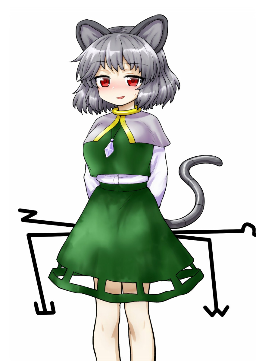 1girl alternate_breast_size animal_ears arms_behind_back blush breasts capelet eyebrows_visible_through_hair feet_out_of_frame green_skirt green_vest grey_capelet grey_hair highres holding itou_yuuji jewelry large_breasts looking_at_viewer medium_hair mouse_ears mouse_tail nazrin necklace parted_lips red_eyes shirt simple_background skirt smile solo standing sweatdrop tail touhou vest white_background white_shirt