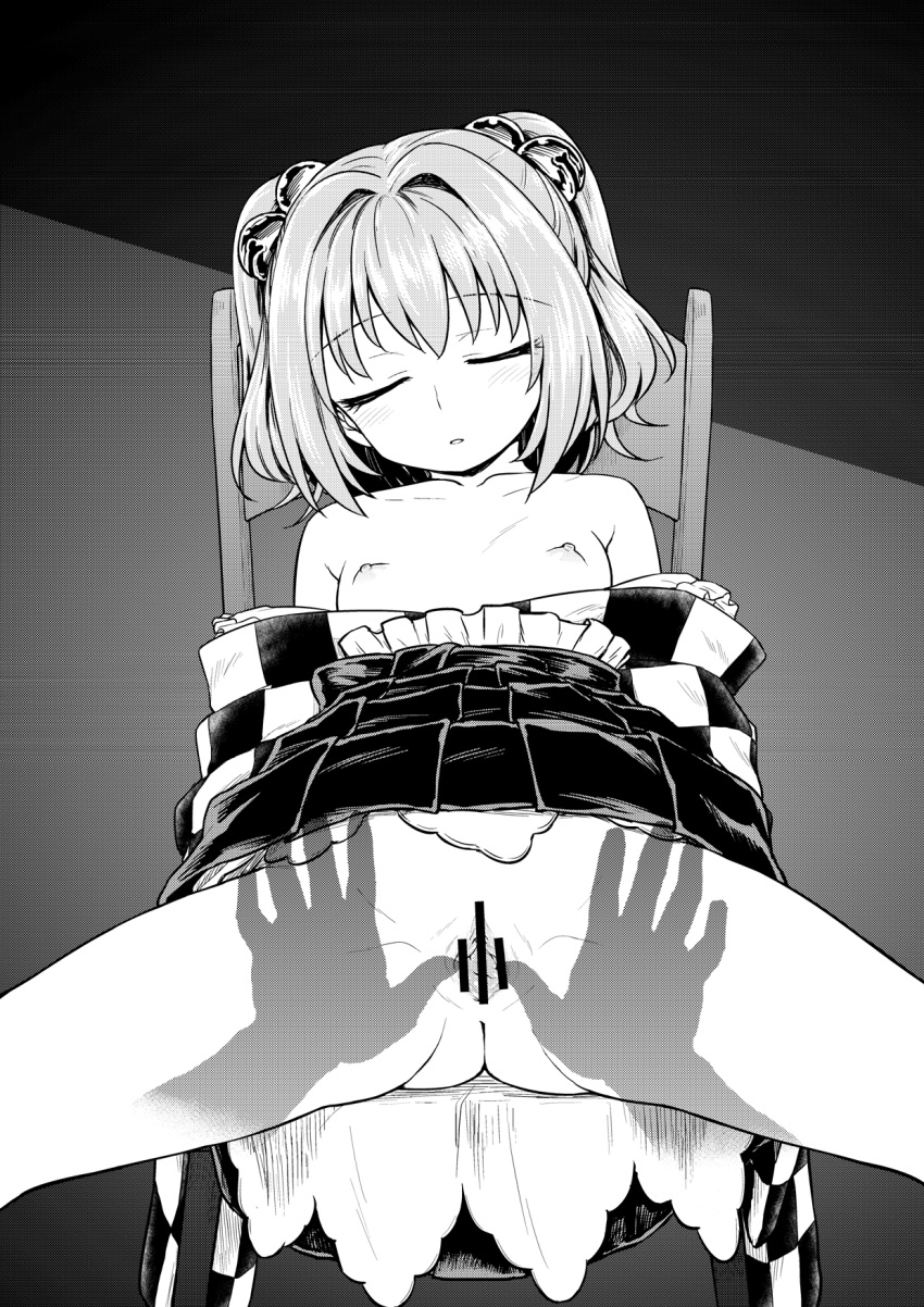 1girl 1other bar_censor bell blush breasts censored closed_eyes clothes_lift facing_viewer greyscale hair_bell hair_ornament hakama hakama_skirt head_tilt highres invisible_man itou_yuuji japanese_clothes jingle_bell kimono kimono_pull monochrome motoori_kosuzu nipples on_chair parted_lips pussy sitting skirt skirt_lift sleep_molestation sleeping small_breasts spread_legs spread_pussy touhou two_side_up