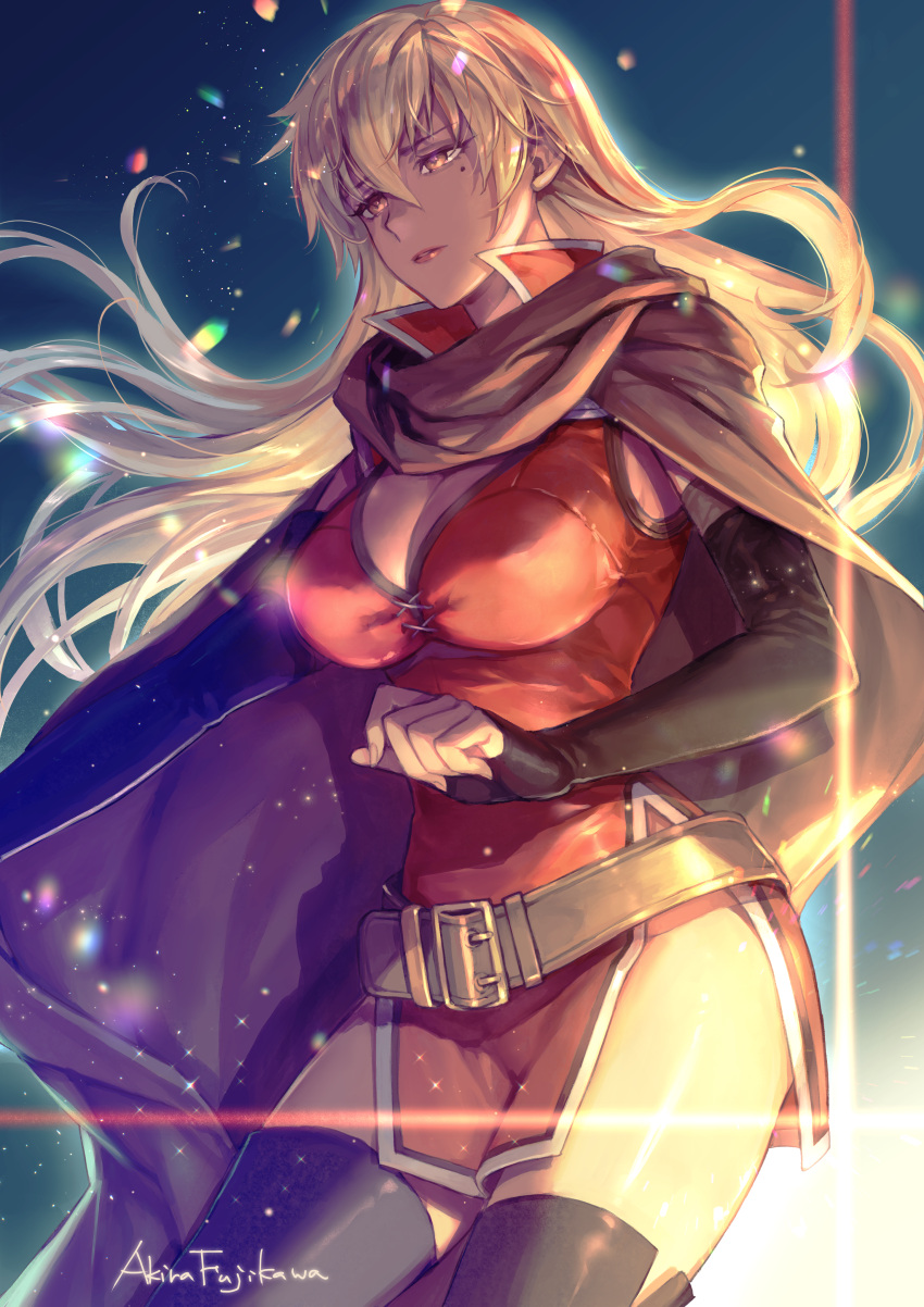 1girl absurdres black_footwear black_gloves blonde_hair boots breasts brown_cape cape cleavage commission commissioner_upload dark-skinned_female dark_skin dress elbow_gloves fire_emblem fire_emblem:_the_binding_blade furikawa_arika gloves highres igrene_(fire_emblem) large_breasts long_hair mole red_dress short_dress skeb_commission thigh_boots thighhighs yellow_eyes