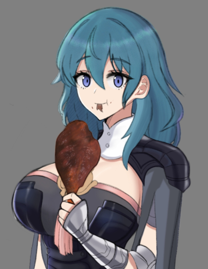 1girl blue_eyes blue_hair breasts byleth_(fire_emblem) byleth_(fire_emblem)_(female) closed_mouth desspie eating eyebrows_visible_through_hair fire_emblem fire_emblem:_three_houses food highres holding holding_food large_breasts long_hair looking_at_viewer meat smile solo turkey_(food)