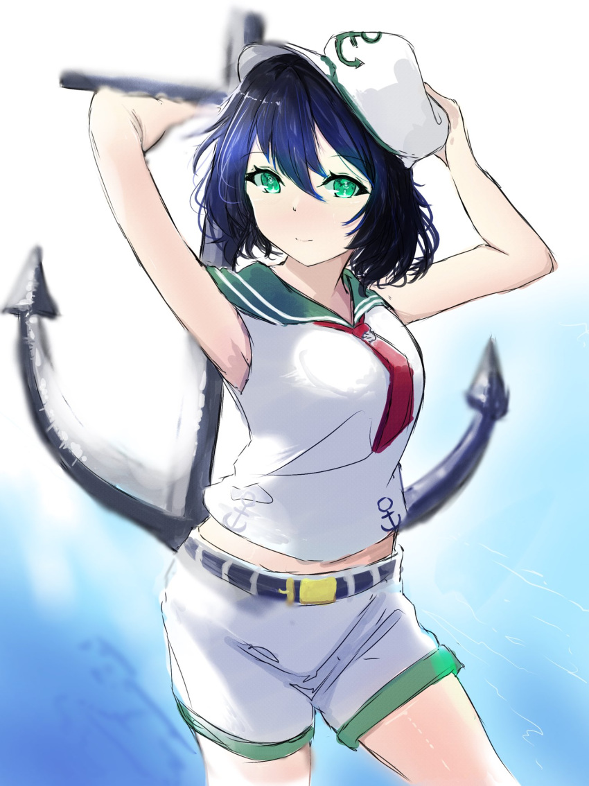 1girl anchor armpits belt black_hair cowboy_shot eyebrows_visible_through_hair eyelashes green_eyes green_sailor_collar hand_on_headwear hat highres holding holding_anchor looking_at_viewer midriff_peek military_hat murasa_minamitsu one-hour_drawing_challenge red_neckwear sailor sailor_collar sailor_hat shirt short_hair shorts sleeveless sleeveless_shirt tazrn1 touhou vest