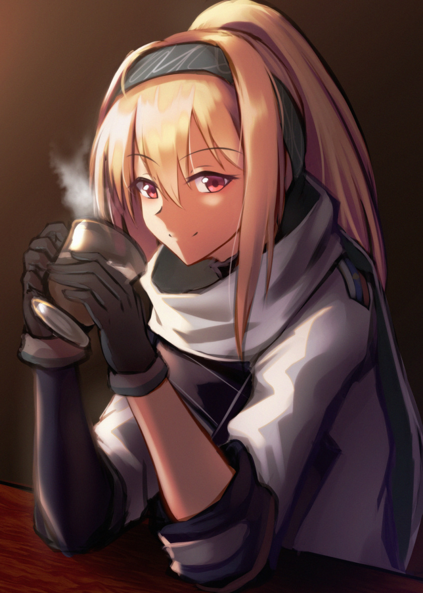 1girl black_gloves blonde_hair closed_mouth cup eyebrows_visible_through_hair girls'_frontline gloves green_hairband hairband highres holding holding_cup jacket lodbyy long_hair looking_at_viewer mod3_(girls'_frontline) ponytail red_eyes russian_flag simple_background sitting smile solo sv-98_(girls'_frontline) white_jacket