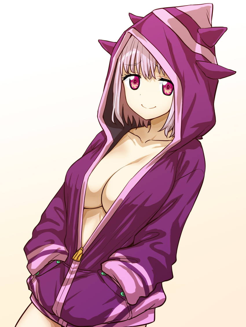 1girl absurdres blush bob_cut breasts closed_mouth cowboy_shot dot_nose gradient gradient_background gridman_universe hands_in_pockets highres hood hood_up hoodie itou_yuuji large_breasts looking_at_viewer medium_hair naked_hoodie pink_eyes pink_hair shinjou_akane smile solo ssss.gridman yellow_background