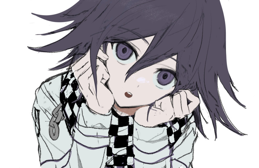 1boy :o bangs checkered checkered_neckwear checkered_scarf danganronpa_(series) danganronpa_v3:_killing_harmony eyebrows_visible_through_hair grey_background grey_jacket hair_between_eyes hands_on_own_cheeks hands_on_own_face hands_up highres jacket long_sleeves looking_at_viewer male_focus medium_hair open_mouth ouma_kokichi scarf simple_background solo teeth upper_body upper_teeth vo1ez white_background