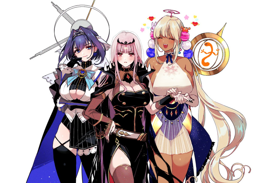3girls :d arm_under_breasts belt black_cape black_dress black_gloves black_legwear black_nails blonde_hair blue_cape blue_eyes blush bow bracer breasts bunny_hair_ornament cape chain cleavage closed_eyes collar commentary_request crab crab_on_head dark_blue_hair dark_skin dress eyebrows_visible_through_hair frown gem gloves hair_ornament halo hand_on_hip hand_on_own_face heart holding_hands hololive hololive_english jewelry large_breasts limiter_(tsukumo_sana) looking_at_viewer mamaloni mori_calliope multiple_girls nail_polish open_mouth ouro_kronii pink_hair red_eyes see-through_sleeves short_hair sideboob single_thighhigh smile spikes star_(symbol) striped thighhighs tiara tsukumo_sana twintails underboob veil virtual_youtuber white_background white_belt white_gloves yatagarasu_(tsukumo_sana) zettai_ryouiki zipper
