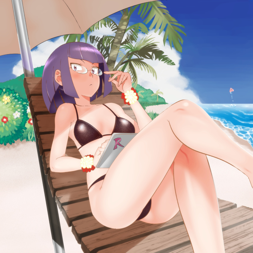 1girl bangs beach_umbrella bikini blunt_bangs blush breasts brown_bikini bush chair closed_mouth cloud collarbone commentary_request day eyelashes flower glasses hand_up highres knees leg_up logo looking_at_viewer lounge_chair luvdisc lying matori_(pokemon) medium_breasts medium_hair nemimini on_back outdoors pokemon pokemon_(anime) pokemon_(creature) pokemon_sm_(anime) purple_eyes purple_hair red_flower sand scrunchie shiny shiny_hair shiny_skin shore sky solo_focus swimsuit tablet_pc team_rocket tree umbrella water wrist_scrunchie yellow_flower