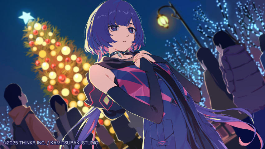 1girl black_bridal_gauntlets black_choker blue_eyes blue_hair blue_jacket blue_sky blurry blurry_background bridal_gauntlets choker christmas_tree colored_inner_hair commentary_request copyright_notice dutch_angle faceless hands_on_own_chest highres hood hood_down hooded_jacket ibaraki_shun jacket kamitsubaki_studio lamppost multicolored_hair night official_art outdoors pink_hair pink_jacket rim_(kamitsubaki_studio) short_hair_with_long_locks sky sleeveless sleeveless_jacket solo_focus two-tone_hair virtual_youtuber yellow_pupils