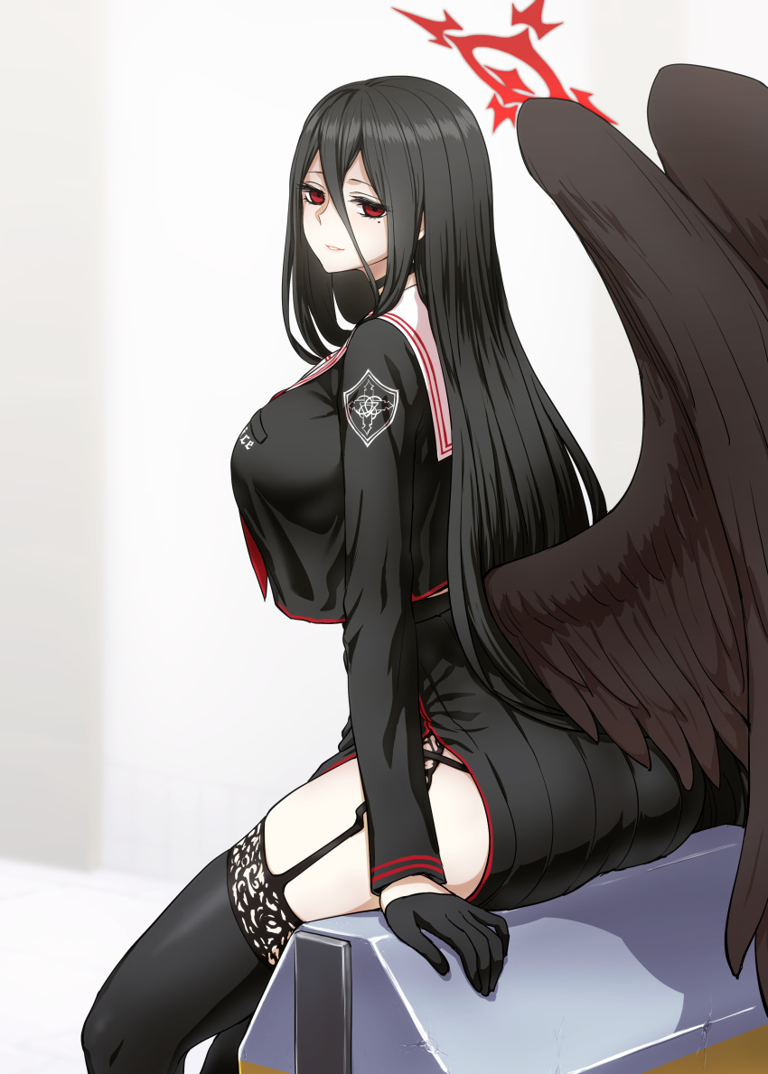 1girl absurdres ass bird_wings black_choker black_gloves black_hair black_legwear black_shirt black_skirt blue_archive breasts brown_wings choker feathered_wings from_side garter_straps gloves hair_between_eyes half_gloves halo hasumi_(blue_archive) highres huge_breasts itou_yuuji long_hair long_sleeves looking_at_viewer looking_to_the_side mole mole_under_eye parted_lips red_eyes shirt shirt_overhang side_slit sitting skirt smile solo thighhighs wings