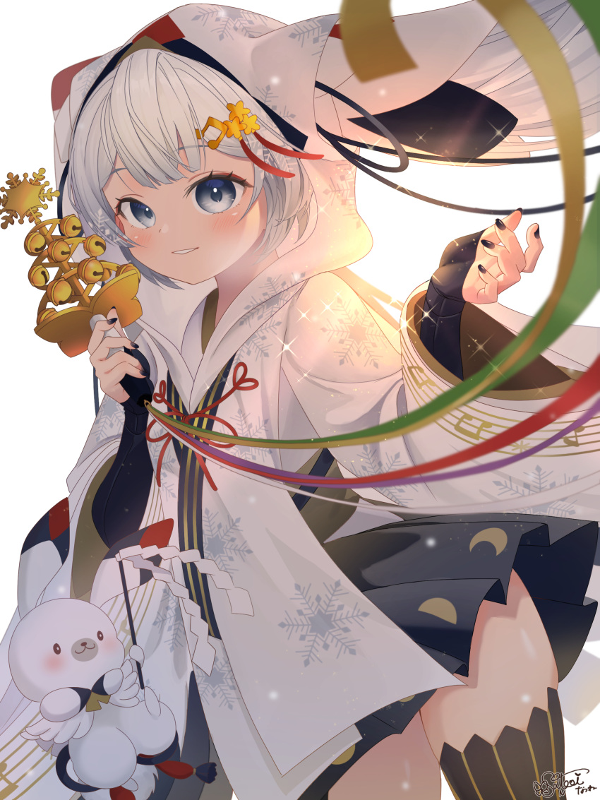 1girl absurdres animal bell black_skirt black_thighhighs blue_eyes blue_ribbon blush chihaya_(clothing) collarbone commentary_request gohei green_ribbon hair_ornament hatsune_miku highres holding holding_bell holding_gohei japanese_clothes jingle_bell kagura_suzu long_hair miko musical_note musical_note_print musical_staff musical_staff_print natsu-984522 official_alternate_costume official_alternate_hairstyle parted_lips pleated_skirt rabbit rabbit_yukine ribbon simple_background skirt smile snowflake_print striped_clothes striped_thighhighs thighhighs twintails vertical-striped_clothes vertical-striped_thighhighs very_long_hair vocaloid white_background white_hair yellow_ribbon yuki_miku yuki_miku_(2018)