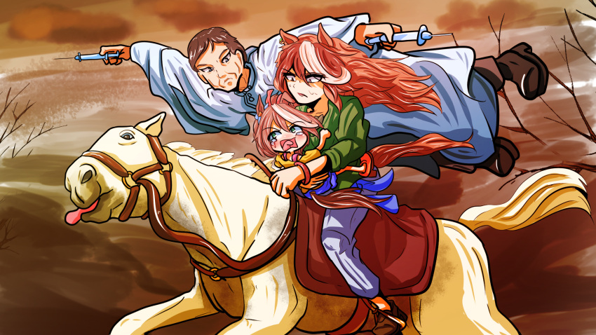 1boy 1other 2girls animal_ears bridle casual commentary crying dual_wielding erlkoenig father_and_son fine_art_parody gold_ship_(racehorse) highres holding holding_syringe horse_ears horse_girl horse_tail horseback_riding long_hair md5_mismatch mejiro_family_doctor multicolored_hair multiple_girls official_alternate_costume parody reins riding robe saddle scene_reference segen_(segen311) streaked_hair sunken_cheeks symboli_rudolf_(umamusume) syringe tail tokai_teio_(umamusume) umamusume younger