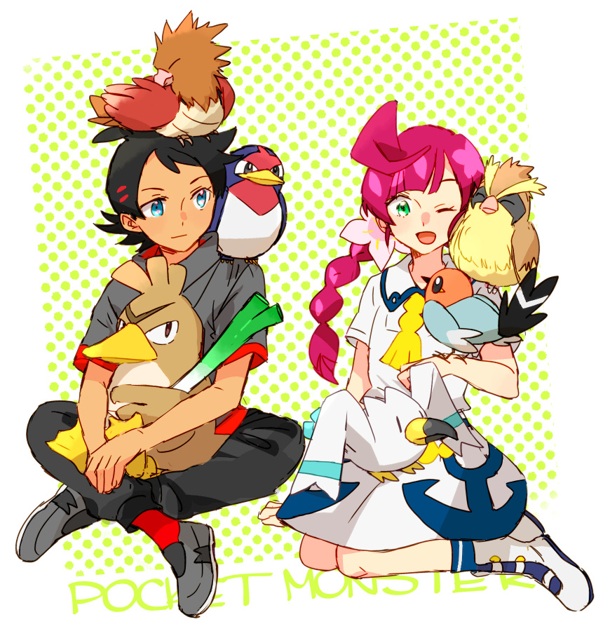 1boy 1girl ;d ahoge anchor_print animal_on_head animal_on_lap animal_on_shoulder bird bird_on_head bird_on_shoulder black_footwear black_pants blue_eyes blue_footwear blue_legwear braid chloe's_school_uniform_(pokemon) chloe_(pokemon) closed_eyes commentary copyright_name crossed_legs dress farfetch'd fletchling goh_(pokemon) green_eyes grey_footwear grey_shirt highres hinata_(ryohinata) long_hair looking_at_animal looking_at_another on_head one_eye_closed open_mouth pants pidgey pink_hair pokemon pokemon_(anime) pokemon_(creature) pokemon_swsh_(anime) print_dress red_legwear school_uniform shiny shiny_hair shirt shoes simple_background sitting smile sneakers socks spearow taillow two-tone_footwear white_dress white_footwear wingull yellow_neckwear