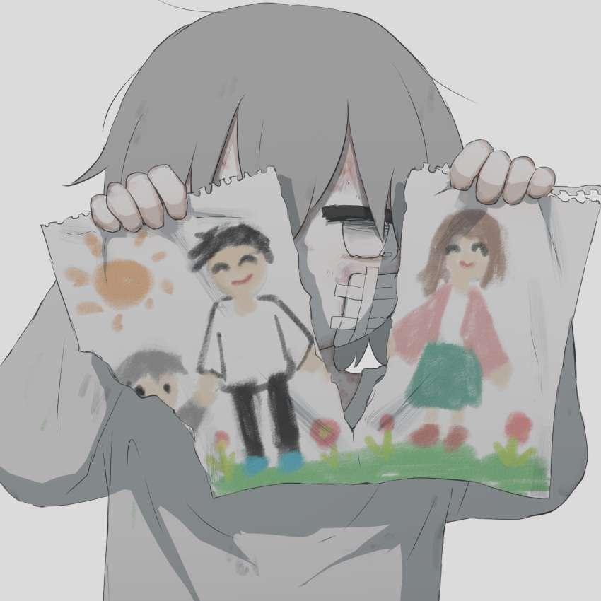 1boy absurdres avogado6 bruise bruise_on_face bruised_eye child_abuse child_drawing commentary grey_eyes grey_hair grey_shirt hands_up highres injury jitome long_sleeves looking_at_viewer original sad shirt simple_background solo torn white_background