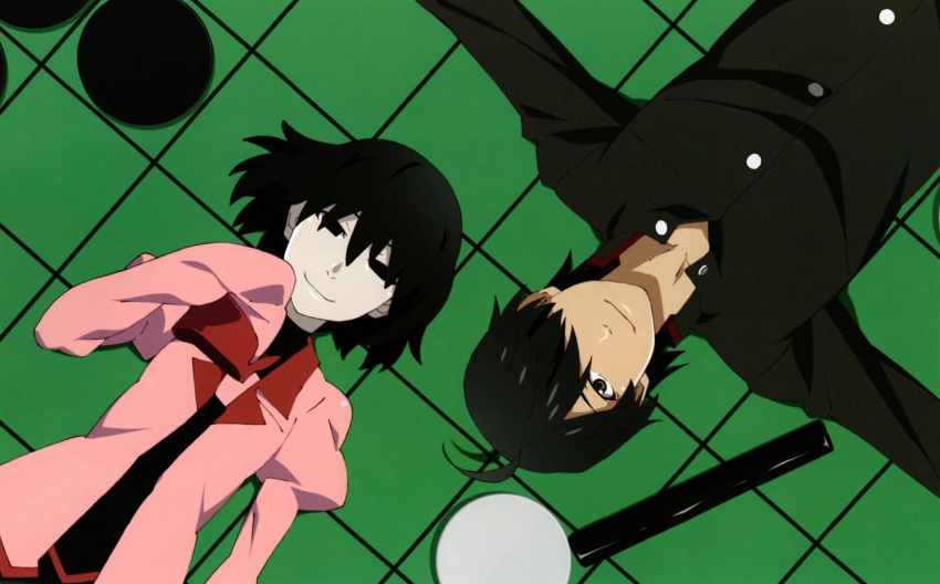 1boy 1girl androgynous antenna_hair araragi_koyomi artist_request black_eyes black_hair black_undershirt board_game bob_cut breasts commentary empty_eyes gakuran green_background grid grid_background hair_over_one_eye hand_to_own_mouth highres lying monogatari_(series) naoetsu_high_school_uniform narrowed_eyes official_art on_back oshino_ougi outstretched_arms pale_skin pink_shirt promotional_art puffy_sleeves reversi rotational_symmetry scan school_uniform shirt short_hair sleeves_past_fingers sleeves_past_wrists small_breasts smile turtleneck undershirt upper_body