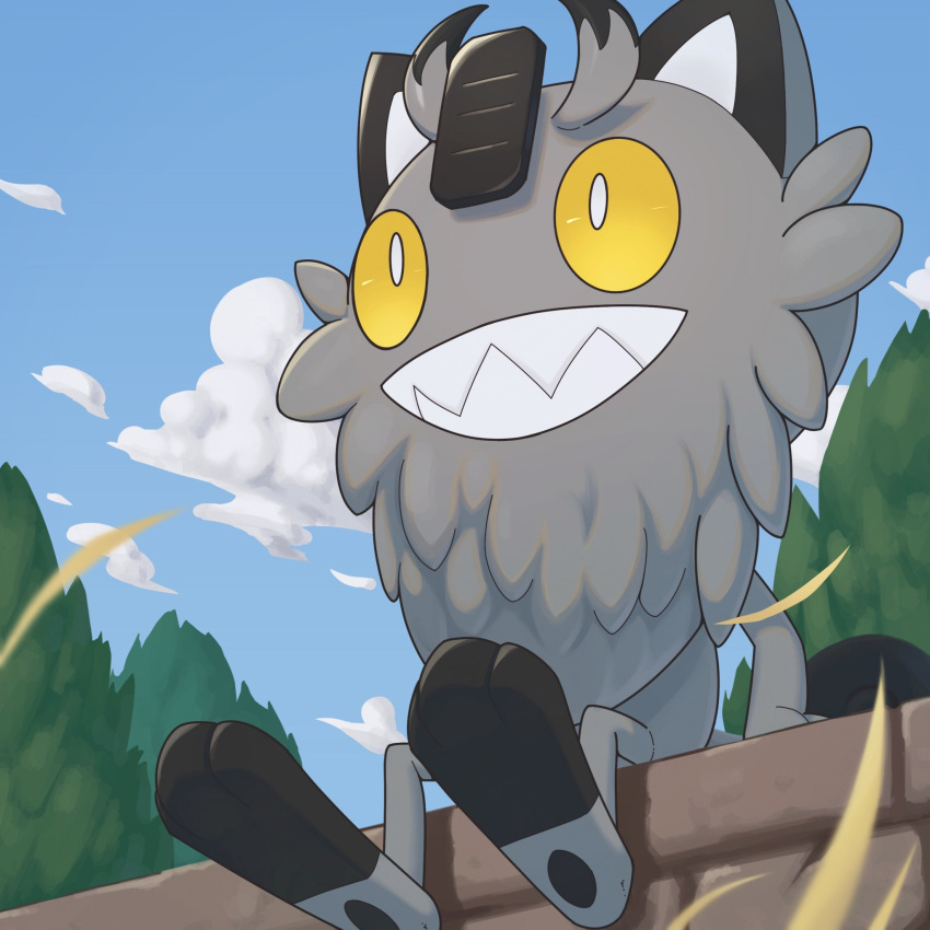 blurry cloud commentary_request day from_below galarian_meowth highres leaves_in_wind no_humans outdoors pokemon pokemon_(creature) ruinai sharp_teeth sitting sky solo teeth toes tree