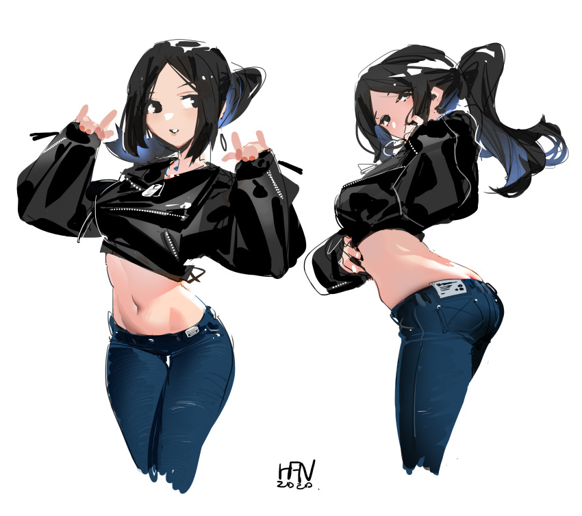 1girl absurdres ass black_eyes black_hair black_jacket butt_crack closed_mouth cropped_jacket cropped_legs dated denim fingernails han-0v0 highres jacket jeans long_hair long_sleeves midriff multiple_views navel original pants parted_lips ponytail signature simple_background sketch sleeves_past_wrists tight tight_pants white_background zipper zipper_pull_tab